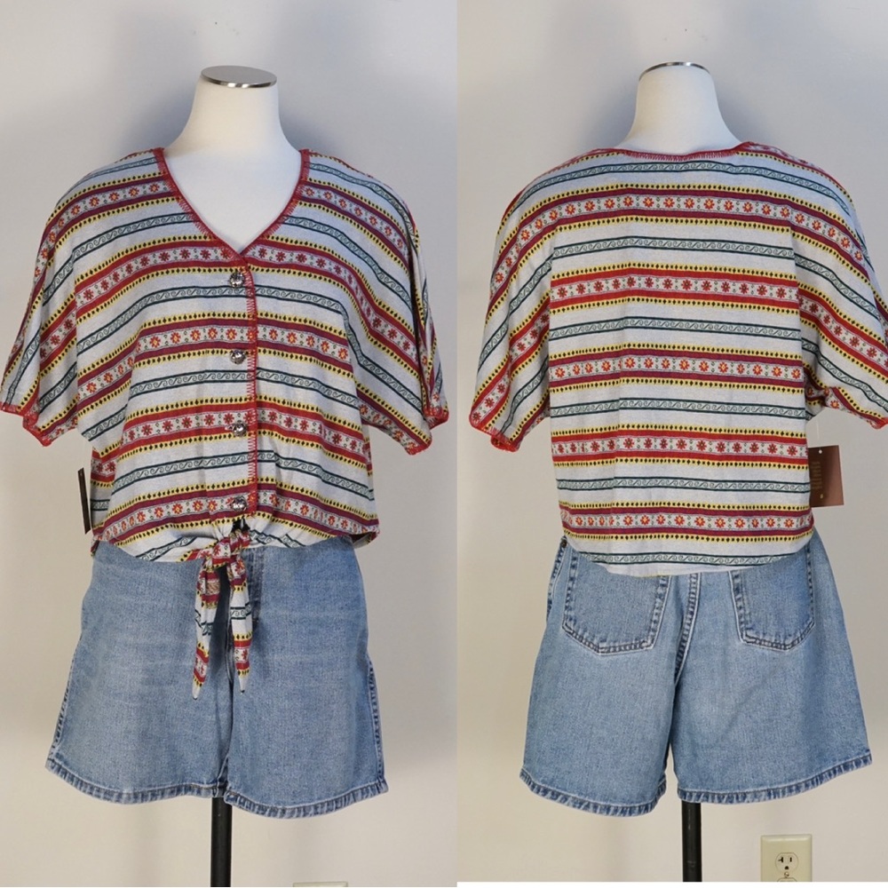 Vintage 90s white stag cropped floral striped tie front top M boxy